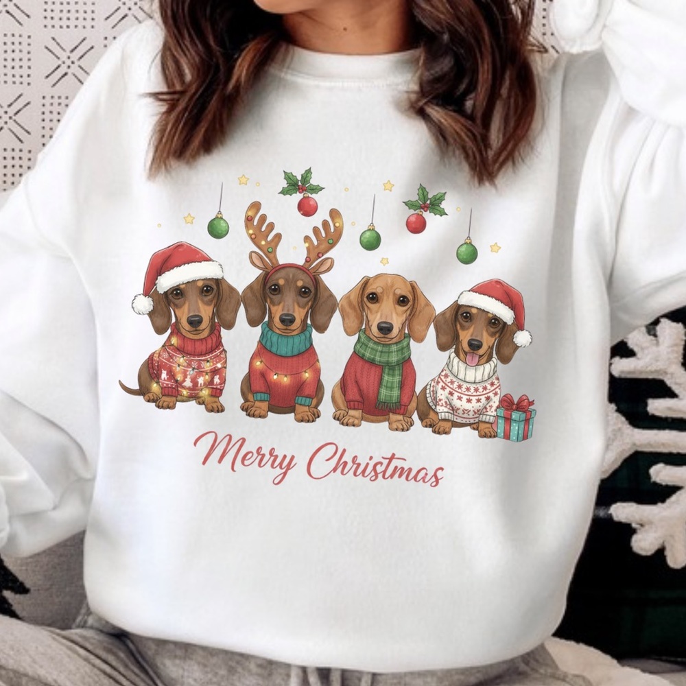NEW Cute Dog Dachshund Christmas Graphic Sweatshirt Sweater S-5X Oversized